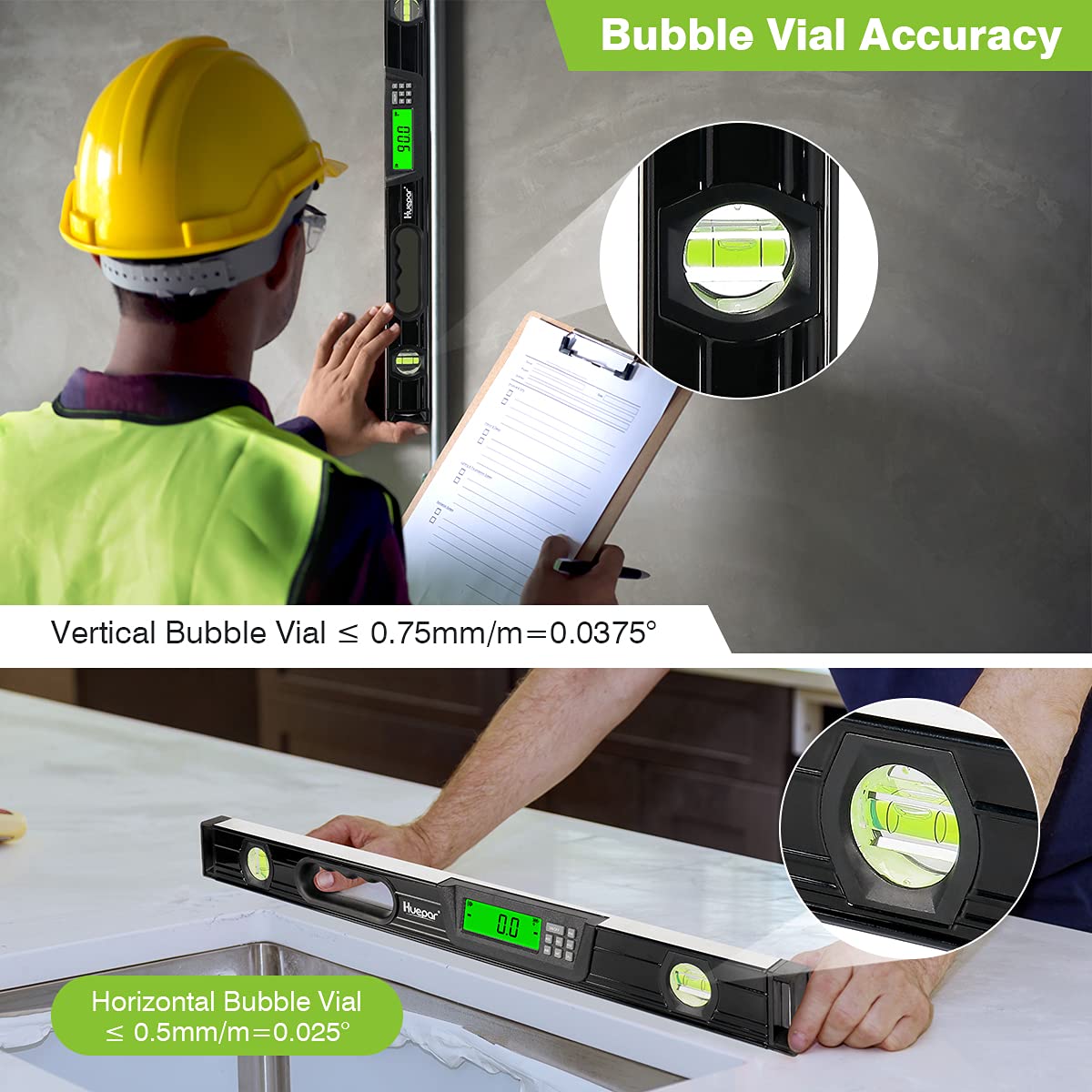 Huepar Digital Torpedo Level and Protractor 24 Inch with 2 High-Accuracy Bubble Vials & LCD Display, Aluminum Alloy Electronic Magnetic Level Tool, Bottom Ruler, Soft Rubber Handle & Carrying Bag-TL60