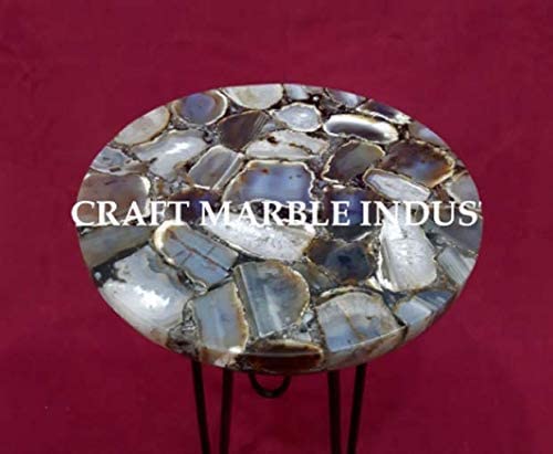 Natural Agate Table, Agate Table With Metal Stand, Round Agate Stone Table, Centerpiece, Agate Side Table 15" Inch