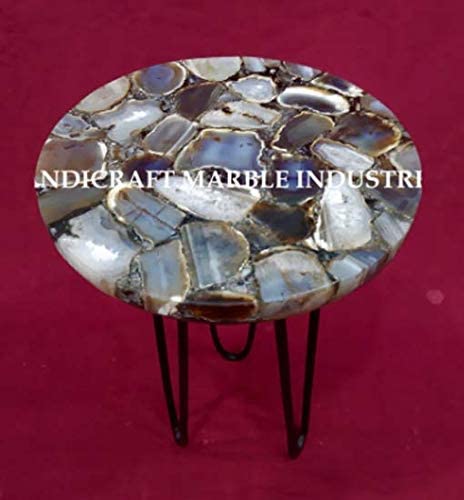 Natural Agate Table, Agate Table With Metal Stand, Round Agate Stone Table, Centerpiece, Agate Side Table 15" Inch