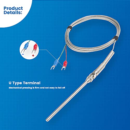 CGELE K-Type Thermocouple Temperature Sensors 0~600℃，2M/6.6Ft Wire Probe Length 100mm Two Wire 100×5mm Stainless Steel Probe Temperature Detector Temperature Gauge