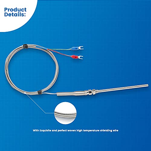 CGELE K-Type Thermocouple Temperature Sensors 0~600℃，2M/6.6Ft Wire Probe Length 100mm Two Wire 100×5mm Stainless Steel Probe Temperature Detector Temperature Gauge