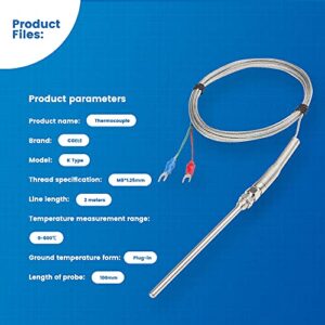 CGELE K-Type Thermocouple Temperature Sensors 0~600℃，2M/6.6Ft Wire Probe Length 100mm Two Wire 100×5mm Stainless Steel Probe Temperature Detector Temperature Gauge