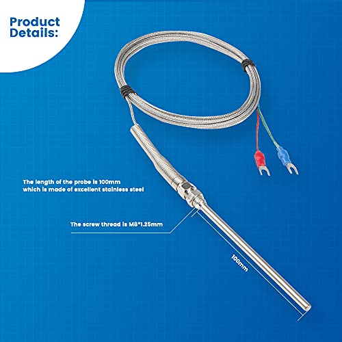 CGELE K-Type Thermocouple Temperature Sensors 0~600℃，2M/6.6Ft Wire Probe Length 100mm Two Wire 100×5mm Stainless Steel Probe Temperature Detector Temperature Gauge