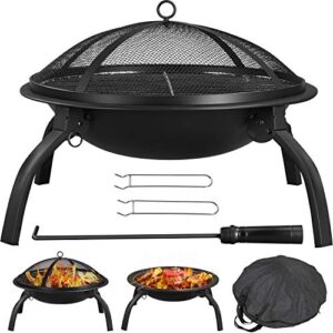 yaheetech fire pit 22in folding firepits bbq fireplace with steel grill, cooking grate and poker for outdoor camping & bonfire