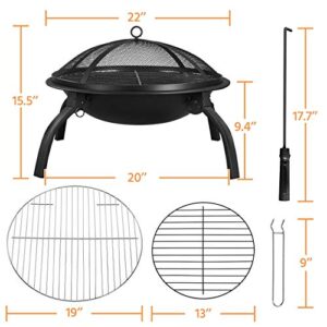 Yaheetech Fire Pit 22in Folding Firepits BBQ Fireplace with Steel Grill, Cooking Grate and Poker for Outdoor Camping & Bonfire