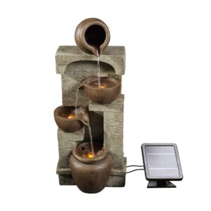 teamson home 28 in. cascading bowls and stacked stones led outdoor water fountain for outdoor living spaces to create a calming oasis in gardens and landscaping, on patios, balconies, lawns, brown