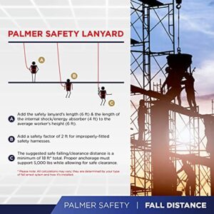 Palmer Safety L121133 6 FT Single Leg Safety Lanyard Internal Shock Absorber w/Dual Snap Hooks I OSHA/ANSI Compliant Restraint Lanyards I Ideal Use for Arborist, Roofer & Construction Workers