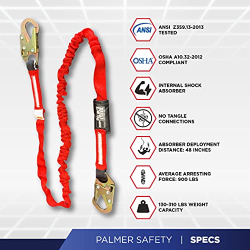 Palmer Safety L121133 6 FT Single Leg Safety Lanyard Internal Shock Absorber w/Dual Snap Hooks I OSHA/ANSI Compliant Restraint Lanyards I Ideal Use for Arborist, Roofer & Construction Workers