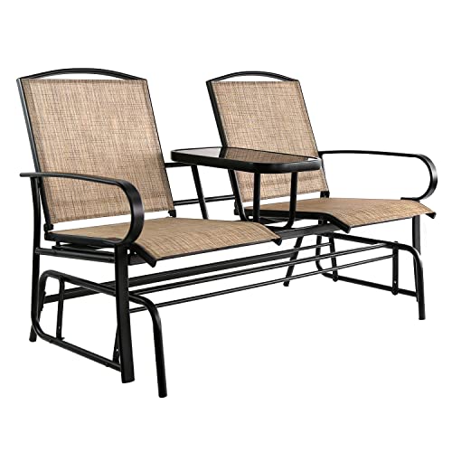 Amazon Basics 2-Person Outdoor Patio Textilene Glider Chair with Tempered Glass Table, 30.3"D x 56.5"W x 36.2"H, Brown