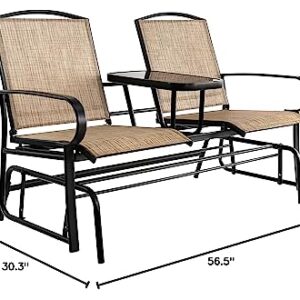 Amazon Basics 2-Person Outdoor Patio Textilene Glider Chair with Tempered Glass Table, 30.3"D x 56.5"W x 36.2"H, Brown