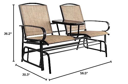 Amazon Basics 2-Person Outdoor Patio Textilene Glider Chair with Tempered Glass Table, 30.3"D x 56.5"W x 36.2"H, Brown