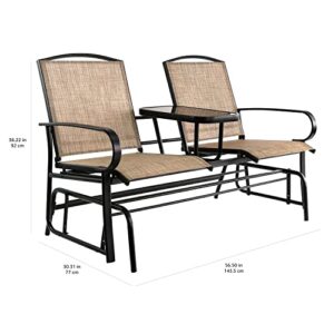 Amazon Basics 2-Person Outdoor Patio Textilene Glider Chair with Tempered Glass Table, 30.3"D x 56.5"W x 36.2"H, Brown