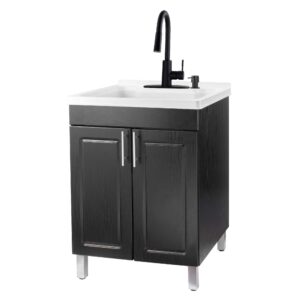 js jackson supplies black utility sink vanity cabinet with white laundry tub, black high-arc pull-down sprayer faucet for laundry room, mudroom, basement