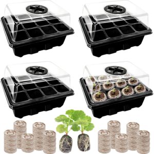 Halatool Seed Starter Kit 4 Pack 48 Cells Black Seed Starter Tray with 50 PCS Peat Pellets for Seedlings Organic Seed Stater Soil Pods for Planting Vegetables Plants Flowers & Starting Seeds