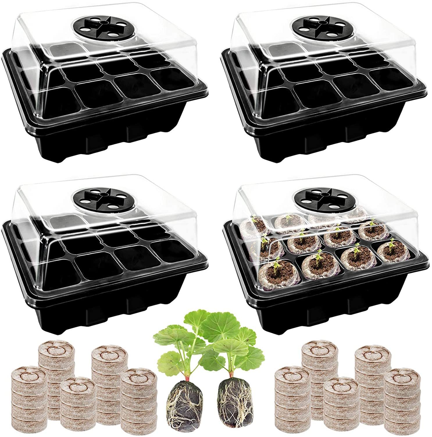 Halatool Seed Starter Kit 4 Pack 48 Cells Black Seed Starter Tray with 50 PCS Peat Pellets for Seedlings Organic Seed Stater Soil Pods for Planting Vegetables Plants Flowers & Starting Seeds