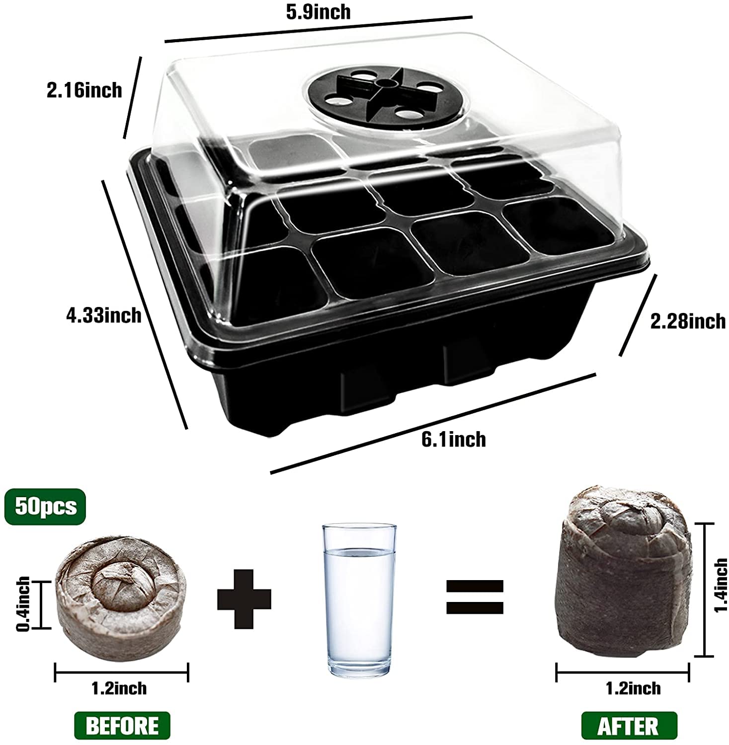 Halatool Seed Starter Kit 4 Pack 48 Cells Black Seed Starter Tray with 50 PCS Peat Pellets for Seedlings Organic Seed Stater Soil Pods for Planting Vegetables Plants Flowers & Starting Seeds