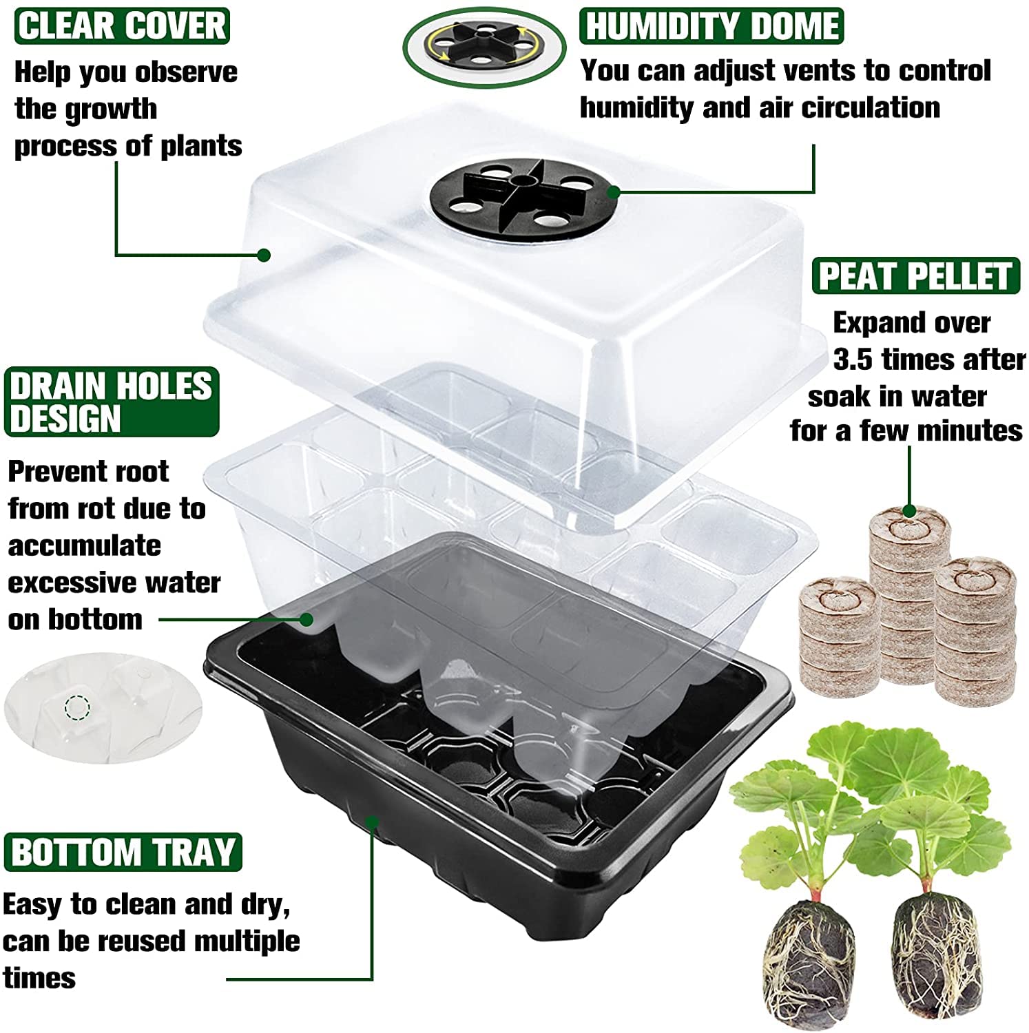 Halatool Seed Starter Kit 4 Pack 48 Cells Black Seed Starter Tray with 50 PCS Peat Pellets for Seedlings Organic Seed Stater Soil Pods for Planting Vegetables Plants Flowers & Starting Seeds