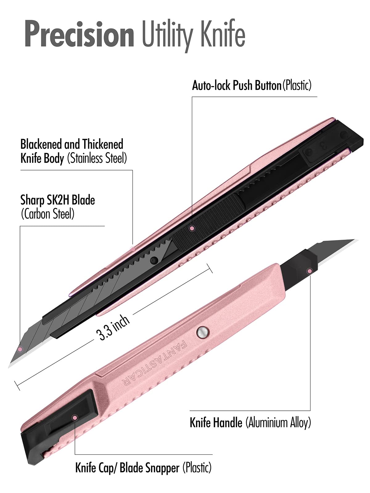 FantastiCAR 2-Pack Auto Lock Retractable Utility Knife, Snap Off Safety Cutter, with Aluminium Alloy Grip, 60 Degree and 30 Degree Blades, for Precision Trimming Jobs (Pink)