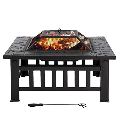 Outdoor Fire Pit,32 inch Square Metal Firepit for Patio Wood Burning Fireplace Garden Stove with Poker Mesh Cover,Charcoal Rack for Camping Picnic Bonfire Backyard