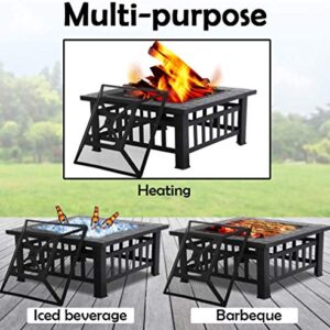 Outdoor Fire Pit,32 inch Square Metal Firepit for Patio Wood Burning Fireplace Garden Stove with Poker Mesh Cover,Charcoal Rack for Camping Picnic Bonfire Backyard