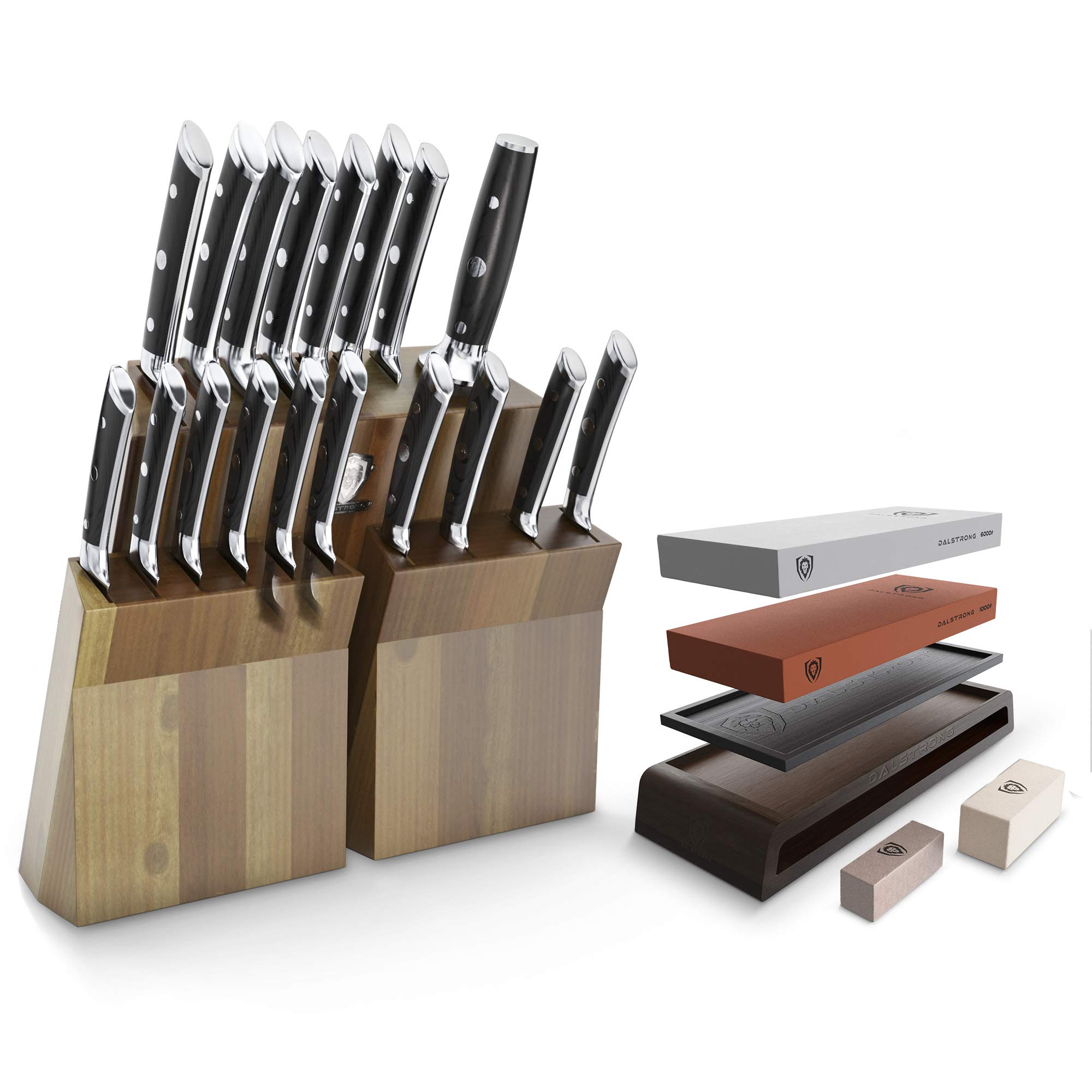 The Dalstrong Gladiator Series Elite 18pc Colossal Knife Set Bundled With The Dalstrong Premium Whetstone Kit - #1000/#600 Grit