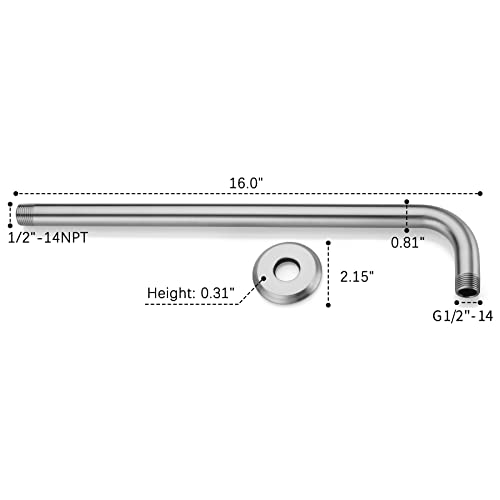 Anpean 16 Inch L-Shaped Shower Arm with Flange, Wall Mounted Rain Shower Head Extension Arm, Brushed Nickel