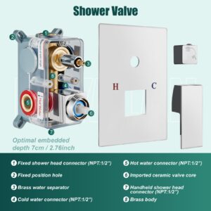 Heyalan Shower System Square Rain Shower System Head Shower Faucet Fixture 2 in 1 Handheld Shower Sprayer Rough in Valve Wall Mount Bathroom Rainfall Combo Set High Pressure,10 Inch,Polished Chrome