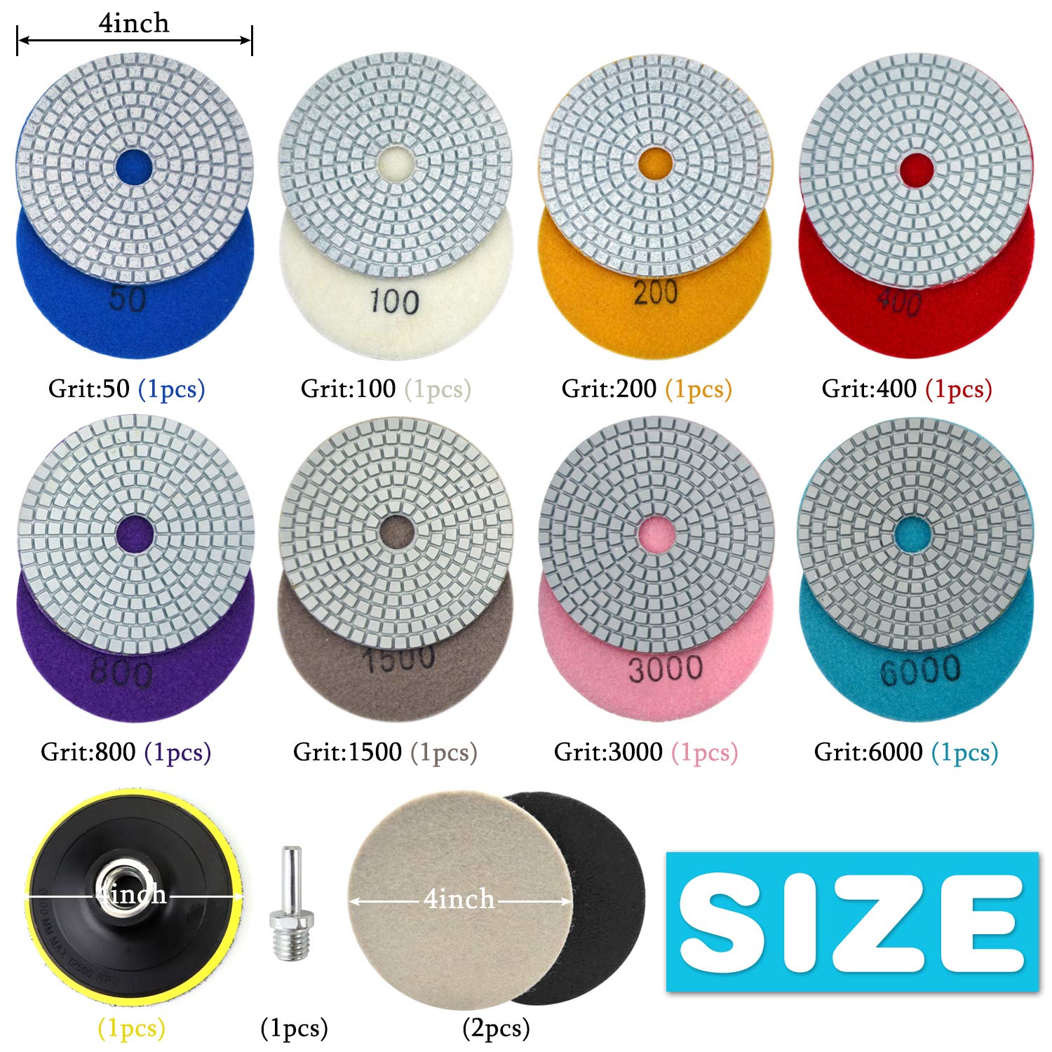 4 Inch Diamond Polishing Pads, 12PCS Wet/Dry Granite Stone 50-6000 Grit for Drill, Grinder, Polisher - For Concrete Marble Stone Countertop Quartz