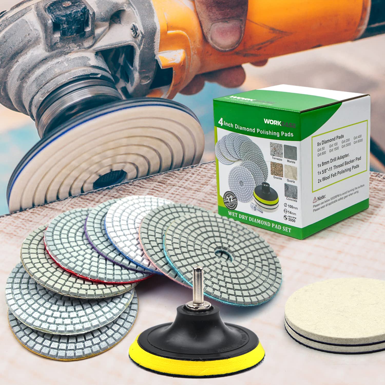 4 Inch Diamond Polishing Pads, 12PCS Wet/Dry Granite Stone 50-6000 Grit for Drill, Grinder, Polisher - For Concrete Marble Stone Countertop Quartz