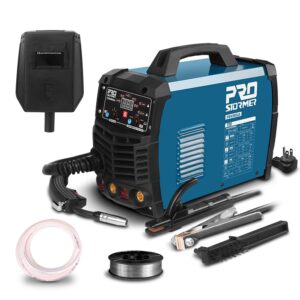 prostormer welding machine, mig/tig/mma 3 in 1 multifunctional welder with digital display, electrode holder, earth clamp, input power adapter cable and brush