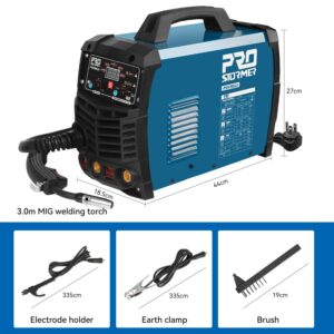 Prostormer Welding Machine, MIG/TIG/MMA 3 in 1 Multifunctional Welder with Digital Display, Electrode Holder, Earth Clamp, Input Power Adapter Cable and Brush
