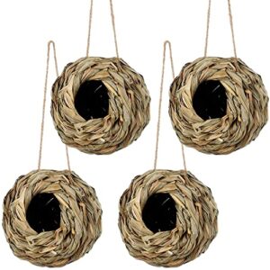 winemana 4 pack hanging hummingbird nest house for outside, ball shape, hand woven, durable sturdy, made of natural grass, perfect for garden patio lawn office indoor