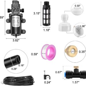 Mornajina Outdoor Misting Cooling System with Pump Kit, 65.6FT(20M) Misting Line with Filter, 26 Brass Mist Nozzles, 1 Brass Adapter (3/4"), 12V DC 60W 5L/Min, Self Priming Sprayer Water Pump