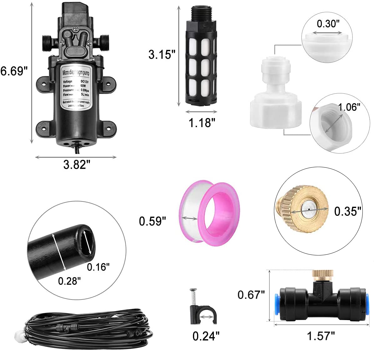 Mornajina Outdoor Misting Cooling System with Pump Kit, 65.6FT(20M) Misting Line with Filter, 26 Brass Mist Nozzles, 1 Brass Adapter (3/4"), 12V DC 60W 5L/Min, Self Priming Sprayer Water Pump