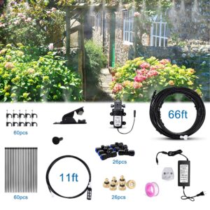 Mornajina Outdoor Misting Cooling System with Pump Kit, 65.6FT(20M) Misting Line with Filter, 26 Brass Mist Nozzles, 1 Brass Adapter (3/4"), 12V DC 60W 5L/Min, Self Priming Sprayer Water Pump