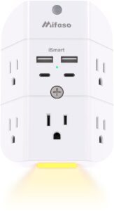 outlet extender with night light, 5-outlet surge protector with 3 usb charging ports, 1800j power strip multi plug outlets wall adapter expander with spaced outlets for home, school, office