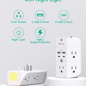 Outlet Extender with Night Light, 5-Outlet Surge Protector with 3 USB Charging Ports, 1800J Power Strip Multi Plug Outlets Wall Adapter Expander with Spaced Outlets for Home, School, Office