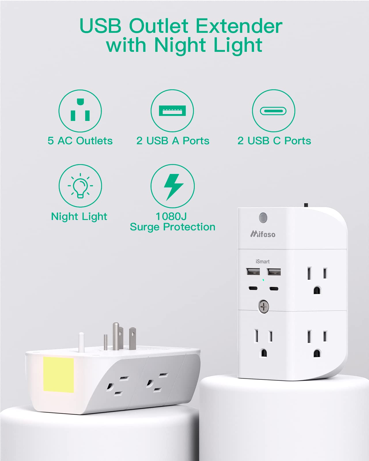 Outlet Extender with Night Light, 5-Outlet Surge Protector with 3 USB Charging Ports, 1800J Power Strip Multi Plug Outlets Wall Adapter Expander with Spaced Outlets for Home, School, Office