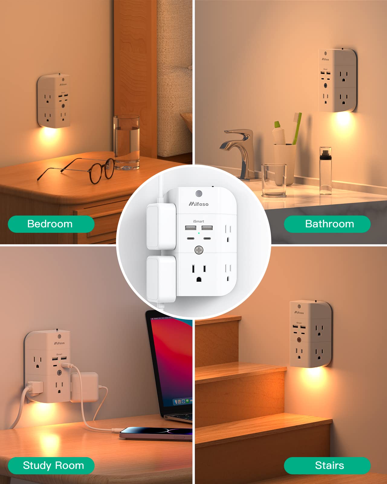 Outlet Extender with Night Light, 5-Outlet Surge Protector with 3 USB Charging Ports, 1800J Power Strip Multi Plug Outlets Wall Adapter Expander with Spaced Outlets for Home, School, Office