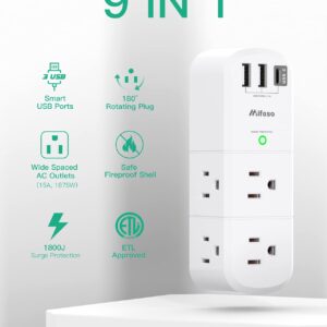 USB Outlet Extender Surge Protector - with Rotating Plug, 6 AC Multi Plug and 3 USB Ports (1 C), 1800 Joules, 3-Sided Swivel Power Strip Spaced Splitter for Home, Office, Travel