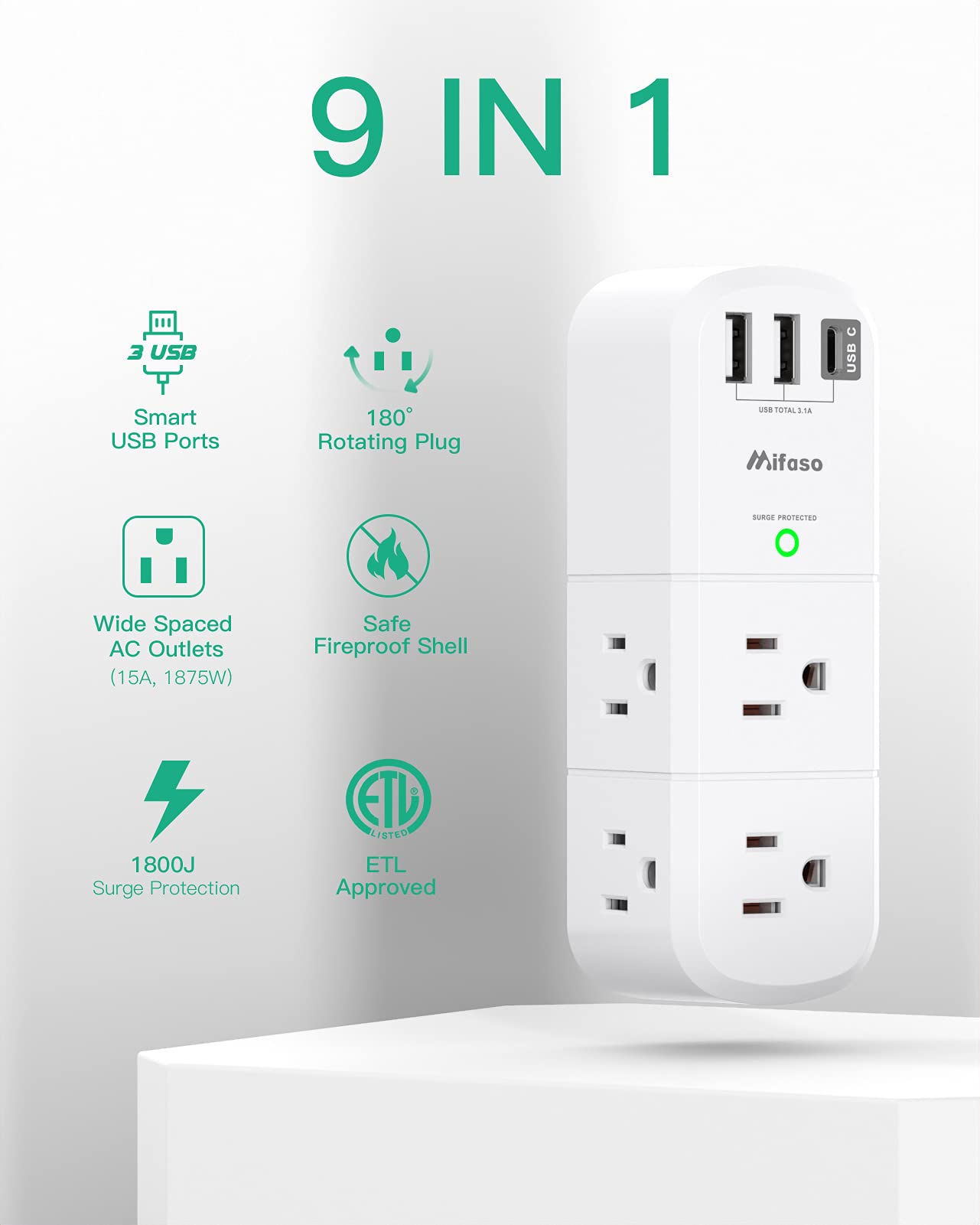 USB Outlet Extender Surge Protector - with Rotating Plug, 6 AC Multi Plug and 3 USB Ports (1 C), 1800 Joules, 3-Sided Swivel Power Strip Spaced Splitter for Home, Office, Travel