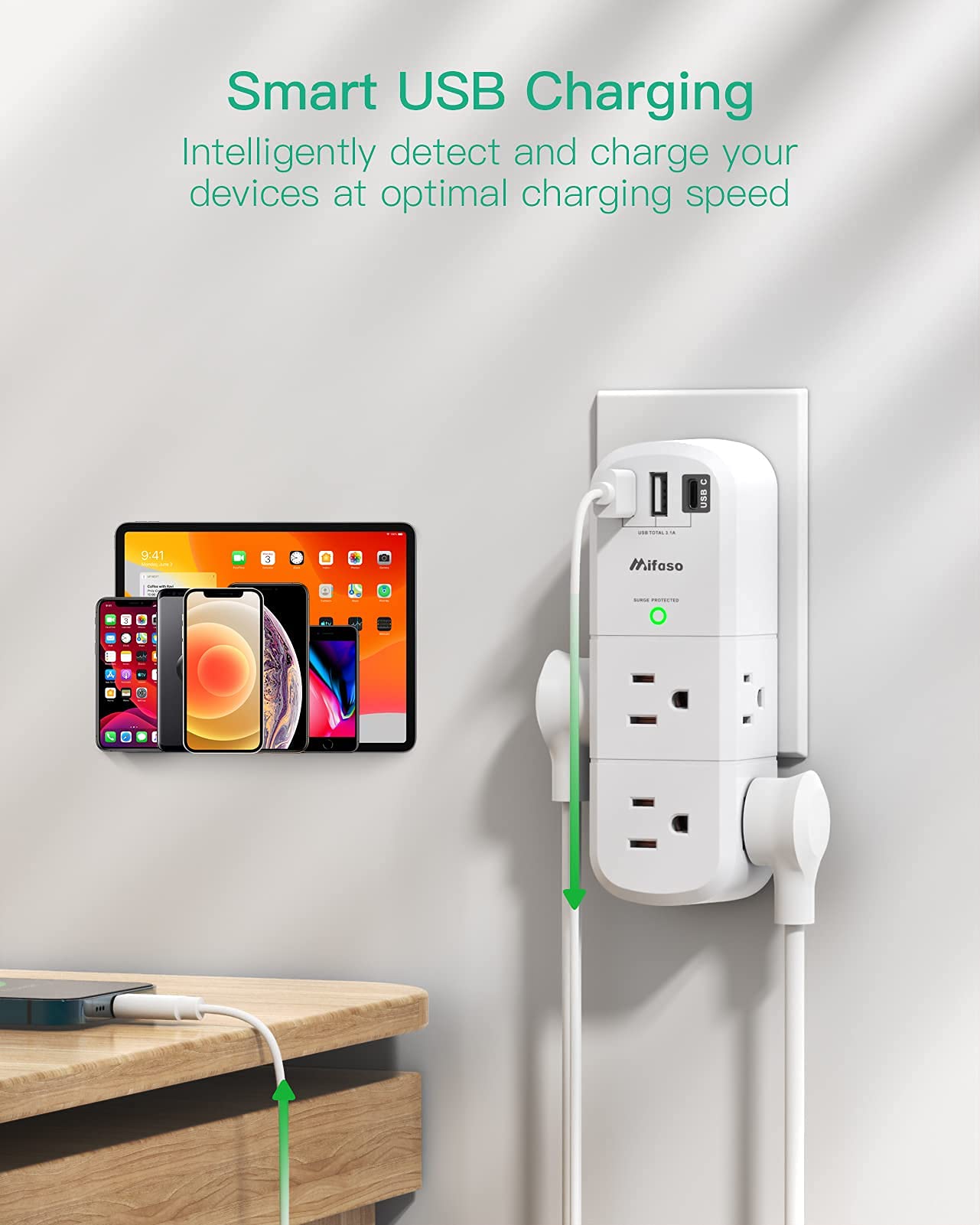 USB Outlet Extender Surge Protector - with Rotating Plug, 6 AC Multi Plug and 3 USB Ports (1 C), 1800 Joules, 3-Sided Swivel Power Strip Spaced Splitter for Home, Office, Travel