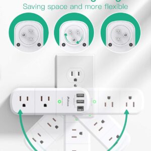 USB Outlet Extender Surge Protector - with Rotating Plug, 6 AC Multi Plug and 3 USB Ports (1 C), 1800 Joules, 3-Sided Swivel Power Strip Spaced Splitter for Home, Office, Travel