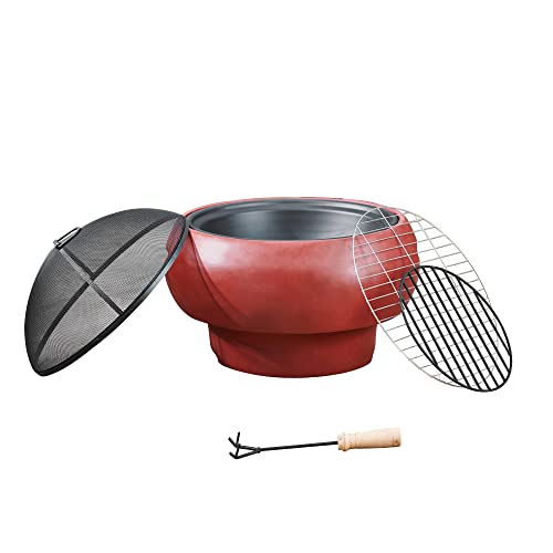 Teamson Home Outdoor 20.07 in. Round Wood-Burning Fire Pit with Faux Concrete Base, Spark Screen, Stainless Steel Grill Grate, Removable Fire Bowl and Poker, Maroon