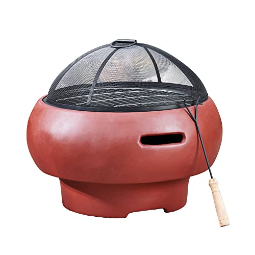 Teamson Home Outdoor 20.07 in. Round Wood-Burning Fire Pit with Faux Concrete Base, Spark Screen, Stainless Steel Grill Grate, Removable Fire Bowl and Poker, Maroon