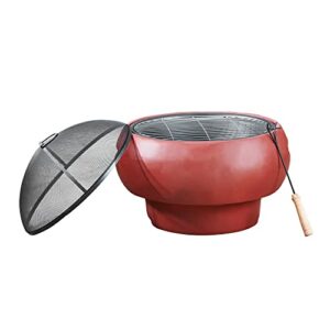 Teamson Home Outdoor 20.07 in. Round Wood-Burning Fire Pit with Faux Concrete Base, Spark Screen, Stainless Steel Grill Grate, Removable Fire Bowl and Poker, Maroon