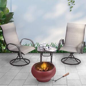 Teamson Home Outdoor 20.07 in. Round Wood-Burning Fire Pit with Faux Concrete Base, Spark Screen, Stainless Steel Grill Grate, Removable Fire Bowl and Poker, Maroon