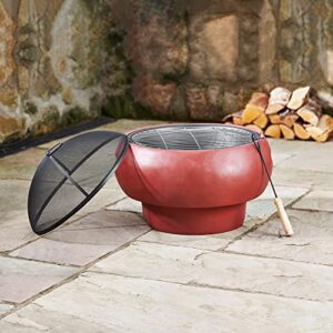 Teamson Home Outdoor 20.07 in. Round Wood-Burning Fire Pit with Faux Concrete Base, Spark Screen, Stainless Steel Grill Grate, Removable Fire Bowl and Poker, Maroon