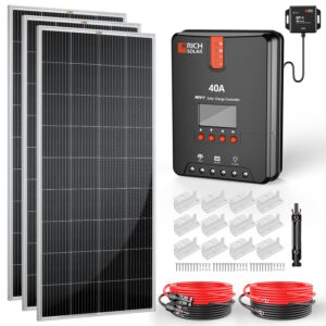 rich solar 600 watt 12 volt 3 pcs 200w panel+40a mppt charge controller+ bluetooth module fuse+ mounting z brackets+adaptor kit +tray cables set,grid 12v solar power system
