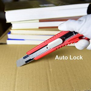 KINBRIEF 18mm Auto Lock Utility Knife Retractable Box cutter for Cartons,Carboards Arts Crafts Pack 1 with 10 Snap off Blades for Office and Home,white push Red